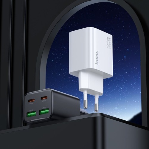 ĮKROVIKLIS HOCO N56 30W GAN 2XUSB-C/2XUSB-A + USB-C TO USB-C CABLE 1.0M BALTAS