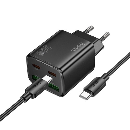 ĮKROVIKLIS HOCO N56 30W GAN 2XUSB-C/2XUSB-A + USB-C TO USB-C CABLE 1.0M JUODAS ĮKROVIKLIS HOCO N56 30W GAN 2XUSB-C/2XUSB-A + USB-C TO USB-C CABLE 1.0M JUODAS