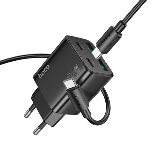 ĮKROVIKLIS HOCO N56 30W GAN 2XUSB-C/2XUSB-A + USB-C TO USB-C CABLE 1.0M JUODAS