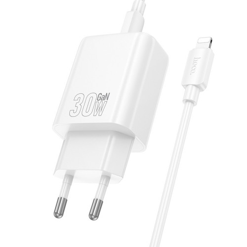 ĮKROVIKLIS HOCO N62 30W GAN USB-C + USB-C TO LIGHTNING CABLE 1.0M BALTAS