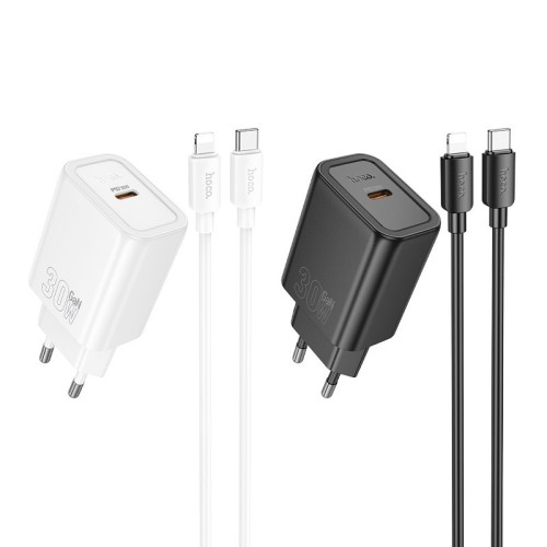 ĮKROVIKLIS HOCO N62 30W GAN USB-C + USB-C TO LIGHTNING CABLE 1.0M BALTAS