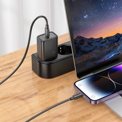 ĮKROVIKLIS HOCO N62 30W GAN USB-C + USB-C TO LIGHTNING CABLE 1.0M BALTAS