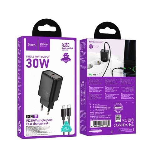 ĮKROVIKLIS HOCO N62 30W GAN USB-C + USB-C TO USB-C CABLE 1.0M JUODAS ĮKROVIKLIS HOCO N62 30W GAN USB-C + USB-C TO USB-C CABLE 1.0M JUODAS