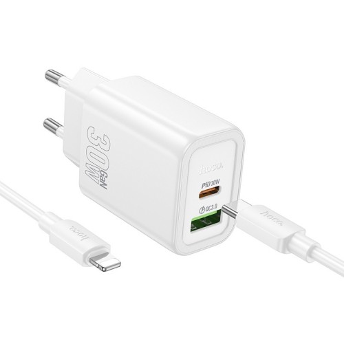 ĮKROVIKLIS HOCO N63 30W GAN USB-C/USB-A + USB-C TO LIGHTNING CABLE 1.0M BALTAS ĮKROVIKLIS HOCO N63 30W GAN USB-C/USB-A + USB-C TO LIGHTNING CABLE 1.0M BALTAS