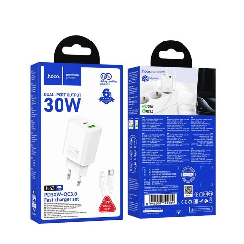 ĮKROVIKLIS HOCO N63 30W GAN USB-C/USB-A + USB-C TO LIGHTNING CABLE 1.0M BALTAS ĮKROVIKLIS HOCO N63 30W GAN USB-C/USB-A + USB-C TO LIGHTNING CABLE 1.0M BALTAS