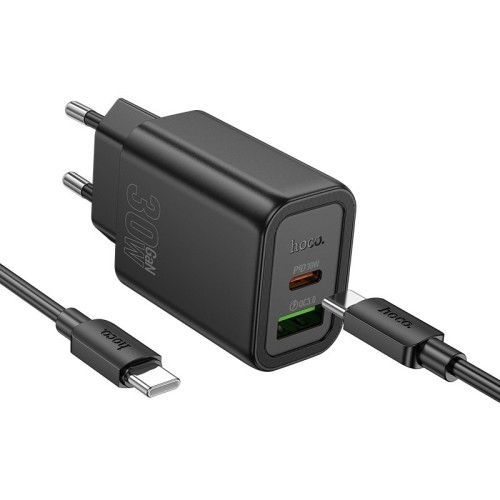 ĮKROVIKLIS HOCO N63 30W GAN USB-C/USB-A + USB-C TO USB-C CABLE 1.0M JUODAS ĮKROVIKLIS HOCO N63 30W GAN USB-C/USB-A + USB-C TO USB-C CABLE 1.0M JUODAS