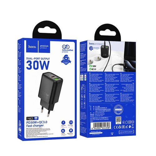 ĮKROVIKLIS HOCO N63 30W GAN USB-C/USB-A JUODAS