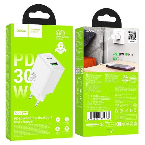 ĮKROVIKLIS HOCO N71 30W GAN USB-C/USB-A BALTAS ĮKROVIKLIS HOCO N71 30W GAN USB-C/USB-A BALTAS