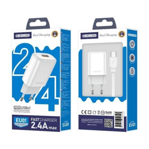 ĮKROVIKLIS JELLICO EU01 2.4A USB-A + USB-A TO USB-C CABLE 1.0M BALTAS