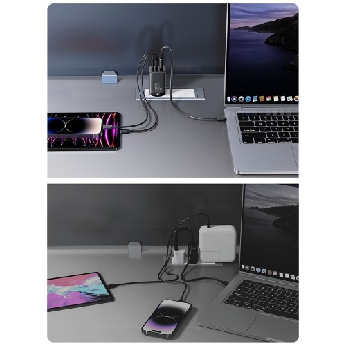 ĮKROVIKLIS JOYROOM JR-TCG01 65W GAN 2XUSB-C/USB-A + USB-C TO USB-C CABLE 1.2M JUODAS