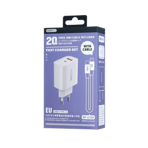 ĮKROVIKLIS REMAX RP-U120 20W USB-C/USB-A + USB-C TO LIGHTNING CABLE 1.0M BALTAS