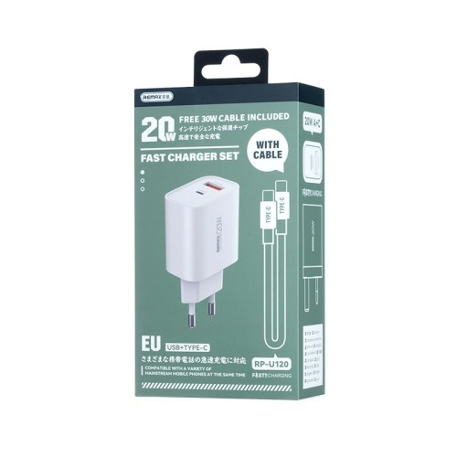 ĮKROVIKLIS REMAX RP-U120 20W USB-C/USB-A + USB-C TO USB-C CABLE 1.0M BALTAS ĮKROVIKLIS REMAX RP-U120 20W USB-C/USB-A + USB-C TO USB-C CABLE 1.0M BALTAS