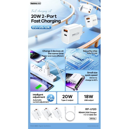 ĮKROVIKLIS REMAX RP-U120 20W USB-C/USB-A + USB-C TO USB-C CABLE 1.0M BALTAS ĮKROVIKLIS REMAX RP-U120 20W USB-C/USB-A + USB-C TO USB-C CABLE 1.0M BALTAS