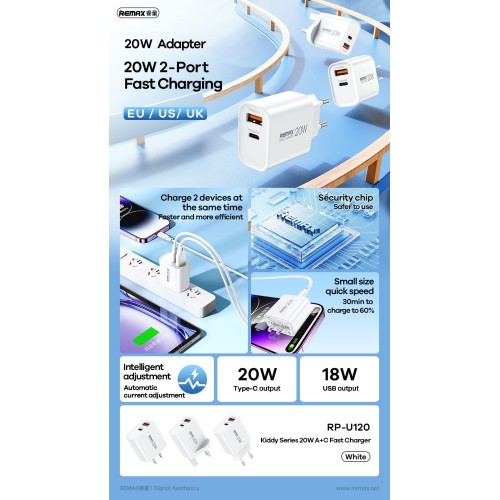 ĮKROVIKLIS REMAX RP-U120 20W USB-C/USB-A BALTAS