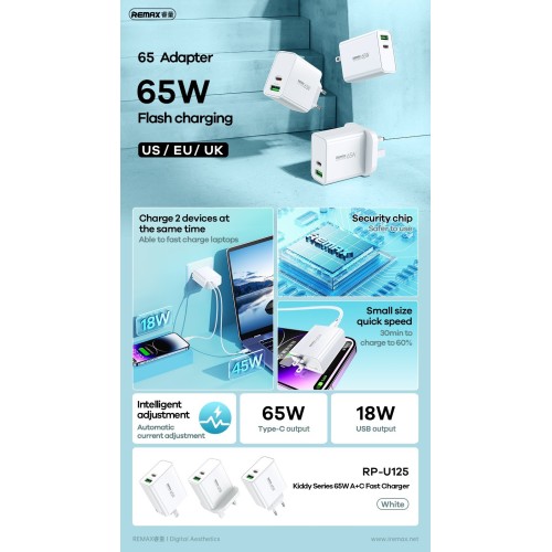 ĮKROVIKLIS REMAX RP-U125 65W GAN USB-C/USB-A BALTAS ĮKROVIKLIS REMAX RP-U125 65W GAN USB-C/USB-A BALTAS