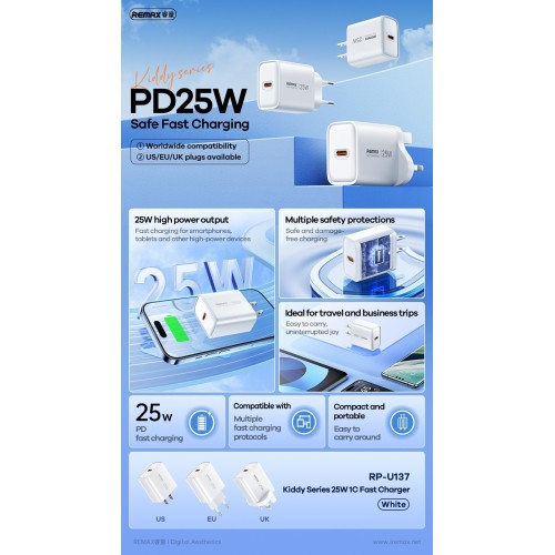 ĮKROVIKLIS REMAX RP-U137 25W USB-C BALTAS