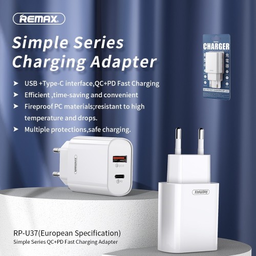 ĮKROVIKLIS REMAX RP-U37 20W USB-C/USB-A BALTAS