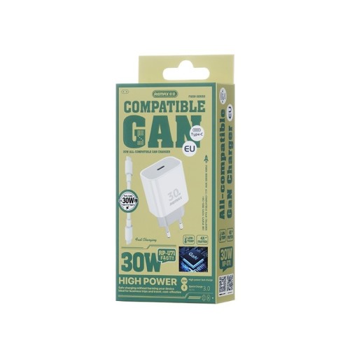 ĮKROVIKLIS REMAX RP-U71 30W GAN USB-C + USB-C TO USB-C CABLE 1.0M BALTAS