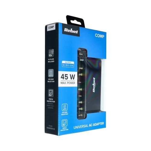 ĮKROVIKLIS UNIVERSALUS REBEL FOR NOTEBOOK/LAPTOP 45W/18-20V JUODAS ĮKROVIKLIS UNIVERSALUS REBEL FOR NOTEBOOK/LAPTOP 45W/18-20V JUODAS