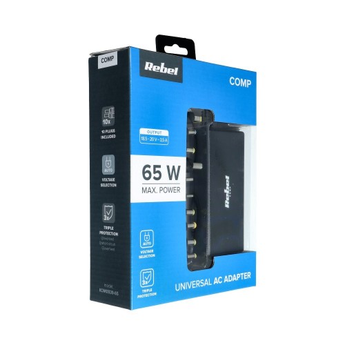 ĮKROVIKLIS UNIVERSALUS REBEL FOR NOTEBOOK/LAPTOP 65W/18-20V JUODAS ĮKROVIKLIS UNIVERSALUS REBEL FOR NOTEBOOK/LAPTOP 65W/18-20V JUODAS