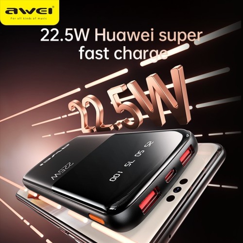 IŠORINĖ BATERIJA POWER BANK AWEI P10K 22.5W 10000MAH JUODA