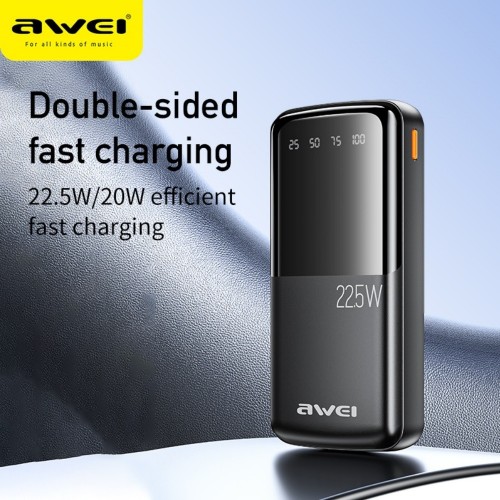 IŠORINĖ BATERIJA POWER BANK AWEI P13K PD20W/QC22.5W 20000MAH JUODA