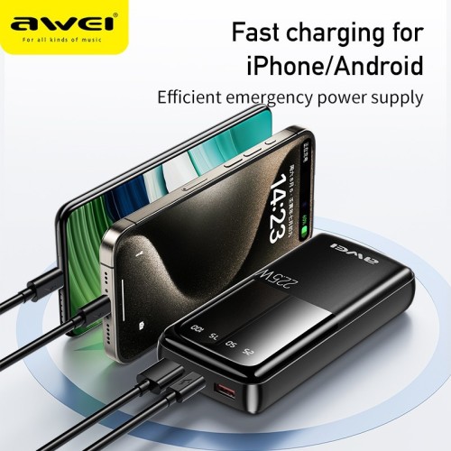 IŠORINĖ BATERIJA POWER BANK AWEI P13K PD20W/QC22.5W 20000MAH JUODA