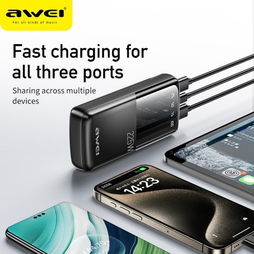 IŠORINĖ BATERIJA POWER BANK AWEI P13K PD20W/QC22.5W 20000MAH JUODA