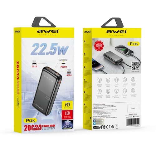 IŠORINĖ BATERIJA POWER BANK AWEI P13K PD20W/QC22.5W 20000MAH JUODA