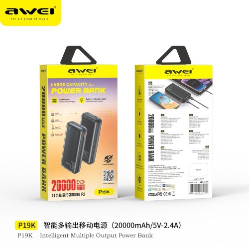 IŠORINĖ BATERIJA POWER BANK AWEI P19K 5V/2.4A 20000MAH JUODA IŠORINĖ BATERIJA POWER BANK AWEI P19K 5V/2.4A 20000MAH JUODA