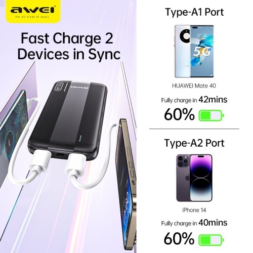 IŠORINĖ BATERIJA POWER BANK AWEI P20K 5V/2.4A 10000MAH JUODA IŠORINĖ BATERIJA POWER BANK AWEI P20K 5V/2.4A 10000MAH JUODA