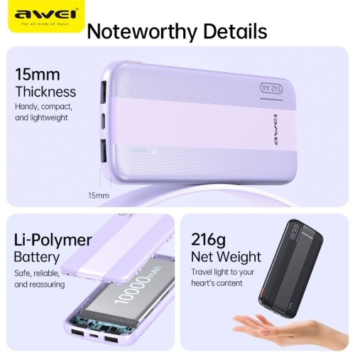 IŠORINĖ BATERIJA POWER BANK AWEI P20K 5V/2.4A 10000MAH JUODA IŠORINĖ BATERIJA POWER BANK AWEI P20K 5V/2.4A 10000MAH JUODA