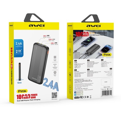 IŠORINĖ BATERIJA POWER BANK AWEI P20K 5V/2.4A 10000MAH JUODA IŠORINĖ BATERIJA POWER BANK AWEI P20K 5V/2.4A 10000MAH JUODA
