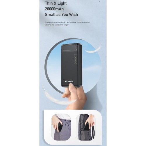 IŠORINĖ BATERIJA POWER BANK AWEI P6K 5V/2.1A 20000MAH JUODA