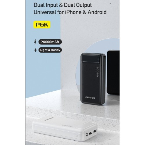IŠORINĖ BATERIJA POWER BANK AWEI P6K 5V/2.1A 20000MAH JUODA