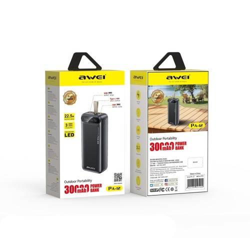 IŠORINĖ BATERIJA POWER BANK AWEI PA-12 5V/3A 30000MAH JUODA IŠORINĖ BATERIJA POWER BANK AWEI PA-12 5V/3A 30000MAH JUODA