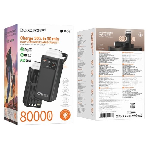 IŠORINĖ BATERIJA POWER BANK BOROFONE BJ65B 22.5W 80000MAH JUODA IŠORINĖ BATERIJA POWER BANK BOROFONE BJ65B 22.5W 80000MAH JUODA