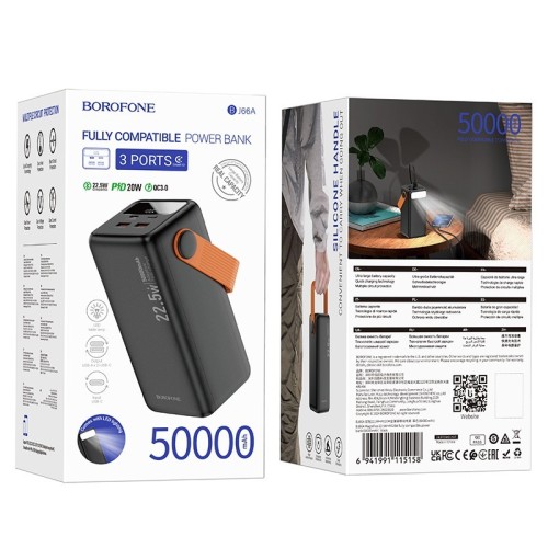 IŠORINĖ BATERIJA POWER BANK BOROFONE BJ66A 22.5W+PD20W 50000MAH JUODA IŠORINĖ BATERIJA POWER BANK BOROFONE BJ66A 22.5W+PD20W 50000MAH JUODA
