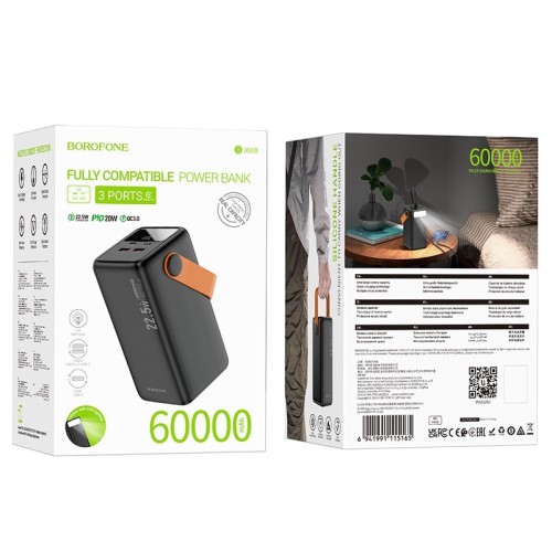 IŠORINĖ BATERIJA POWER BANK BOROFONE BJ66B 22.5W+PD20W 60000MAH JUODA IŠORINĖ BATERIJA POWER BANK BOROFONE BJ66B 22.5W+PD20W 60000MAH JUODA