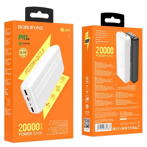 IŠORINĖ BATERIJA POWER BANK BOROFONE BJ9A TYPE-C PD+QUICK CHARGE 3.0 (3A) 20000MAH BALTA