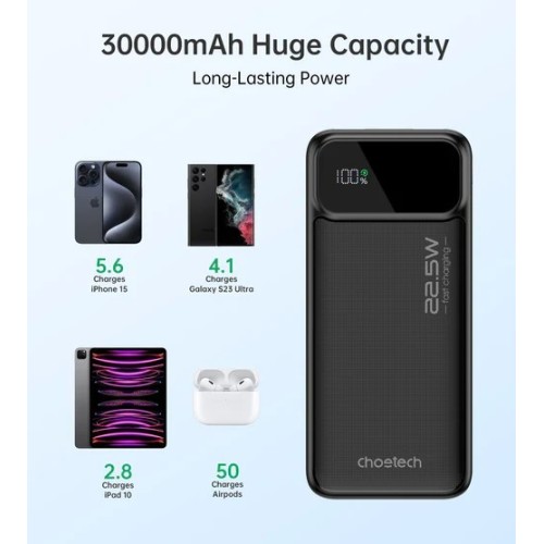 IŠORINĖ BATERIJA POWER BANK CHOETECH B730 22.5W 30000MAH JUODA IŠORINĖ BATERIJA POWER BANK CHOETECH B730 22.5W 30000MAH JUODA