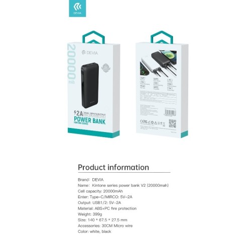 IŠORINĖ BATERIJA POWER BANK DEVIA KINTONE SERIES 20000MAH JUODA