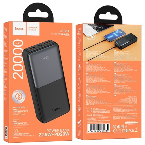 IŠORINĖ BATERIJA POWER BANK HOCO J136A 22.5W+PD20W 20000MAH JUODA IŠORINĖ BATERIJA POWER BANK HOCO J136A 22.5W+PD20W 20000MAH JUODA