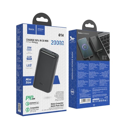 IŠORINĖ BATERIJA POWER BANK HOCO Q1A TYPE-C PD 20W+QUICK CHARGE 3.0 (3.0A) 20000MAH JUODAS