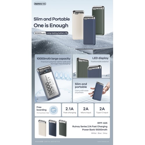 IŠORINĖ BATERIJA POWER BANK REMAX RPP-625 10000MAH MĖLYNA IŠORINĖ BATERIJA POWER BANK REMAX RPP-625 10000MAH MĖLYNA