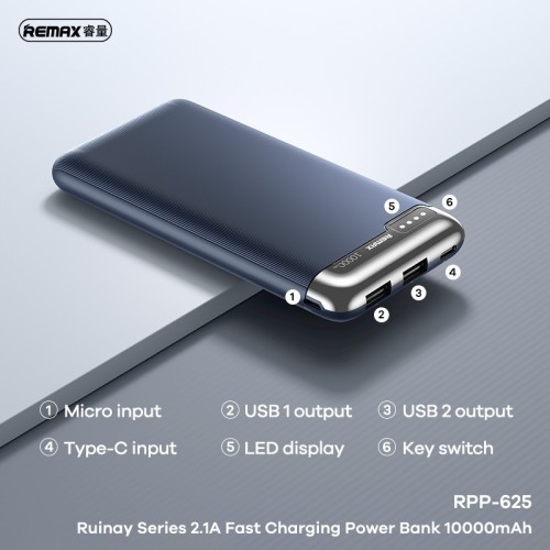 IŠORINĖ BATERIJA POWER BANK REMAX RPP-625 10000MAH MĖLYNA IŠORINĖ BATERIJA POWER BANK REMAX RPP-625 10000MAH MĖLYNA