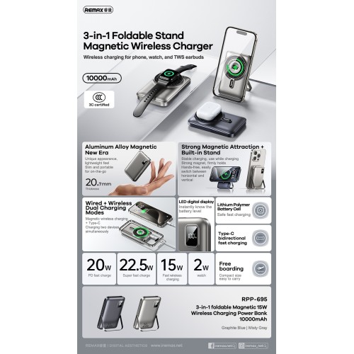 IŠORINĖ BATERIJA POWER BANK REMAX RPP-695 15W MAGSAFE 10000MAH PILKA IŠORINĖ BATERIJA POWER BANK REMAX RPP-695 15W MAGSAFE 10000MAH PILKA