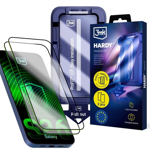 LCD APSAUGINIS STIKLIUKAS (2 VNT.) SU APLIKATORIUMI 3MK HARDY HARDURA 9H SAMSUNG S947 S26 PLUS JUODAS