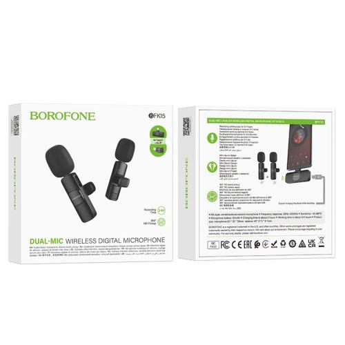 MIKROFONAS BOROFONE BFK15 LIGHTNING/USB-C JUODAS