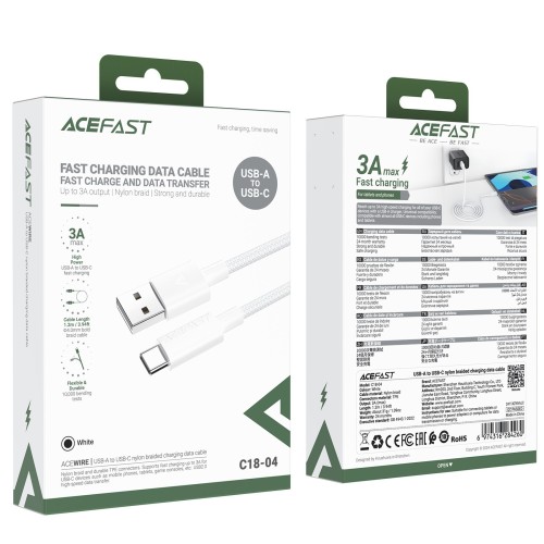 USB KABELIS ACEFAST C18-04 USB-A TO USB-C 1.2M BALTAS USB KABELIS ACEFAST C18-04 USB-A TO USB-C 1.2M BALTAS